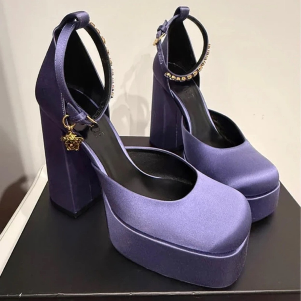 Versace Lavender Platform Heels with Gold Charm